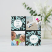 Zwarte Damast op Aqua Trouw Save the Date Kaart (Staand voorkant)