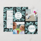 Zwarte Damast op Aqua Trouw Save the Date Kaart (Voorkant / Achterkant)