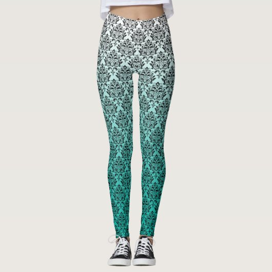 Zwarte damast op wit tot groen ombre leggings (Voorkant)