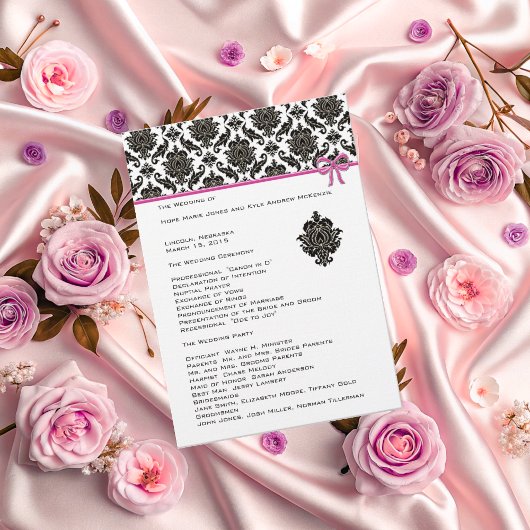 Zwarte Damast op Witte Huwelijksprogramma met Roze Programmakaart