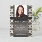 Zwarte damast op zilver Graduation Party Uitnodige Kaart (Staand voorkant)