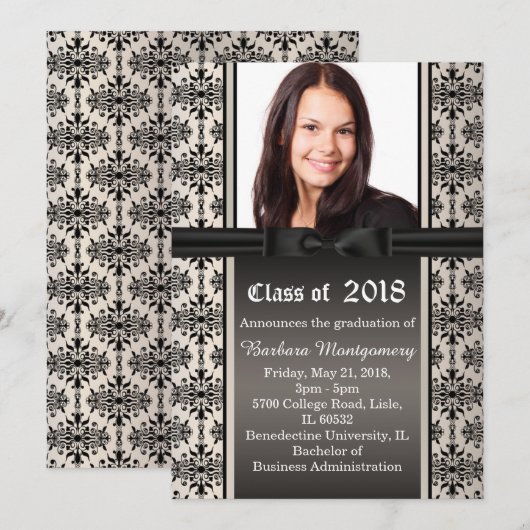 Zwarte damast op zilver Graduation Party Uitnodige Kaart (Voorkant / Achterkant)