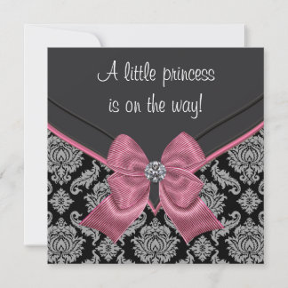 Zwarte Damast Roze Strik Prinses Baby Borrel Kaart