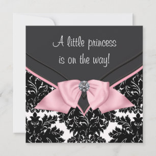 Zwarte Damast Roze Strik Prinses Baby Shower Kaart