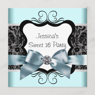 Zwarte Damast Teal Blauw Zwarte Sweet 16 Verjaarda Kaart