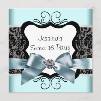 Zwarte Damast Teal Blauw Zwarte Sweet 16 Verjaarda Kaart