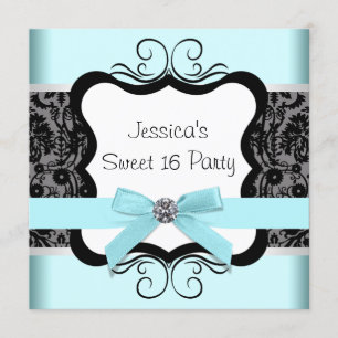 Zwarte Damast Teal Zwarte Sweet 16 Verjaardagsfees Kaart