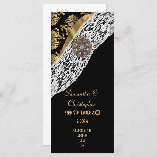 Zwarte damast witte kant kerk huwelijksprogramma programmakaart (Voorkant / Achterkant)