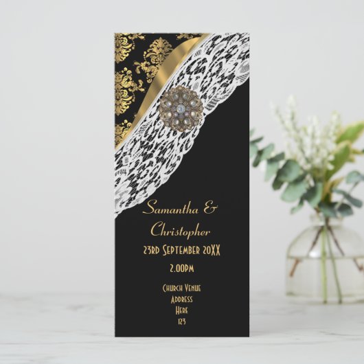 Zwarte damast witte kant kerk huwelijksprogramma programmakaart (Staand voorkant)