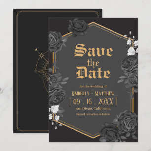 Zwarte damasten roos Save The Date bruiloft Kaart