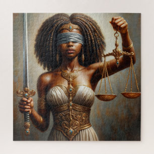 Zwarte Dame Justitia Met Weegschaal en Blinddoek Legpuzzel