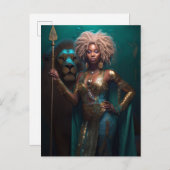 Zwarte dameswarrior met Lion Fantasy Art Briefkaart (Voorkant / Achterkant)