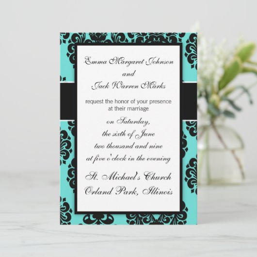 zwarte dampelegantie op aqua blauw design kaart (Staand voorkant)