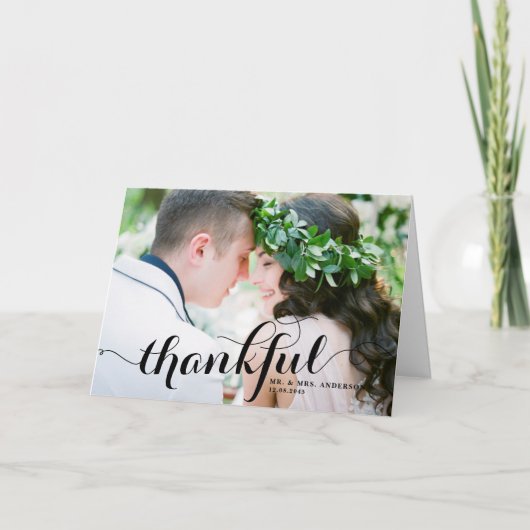 Zwarte Dankbare Moderne Kalligrafie Fotobruiloft Bedankkaart (Voorkant)