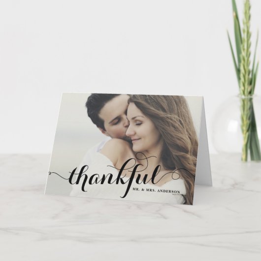 Zwarte Dankbare Moderne Kalligrafie Fotobruiloft Bedankkaart (Voorkant)