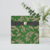 Zwarte das zwart goud groene damast feest uitnodig kaart (Staand voorkant)