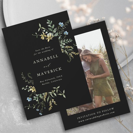 Zwarte Delicate Wildflower Boho Trouwfoto Save The Date