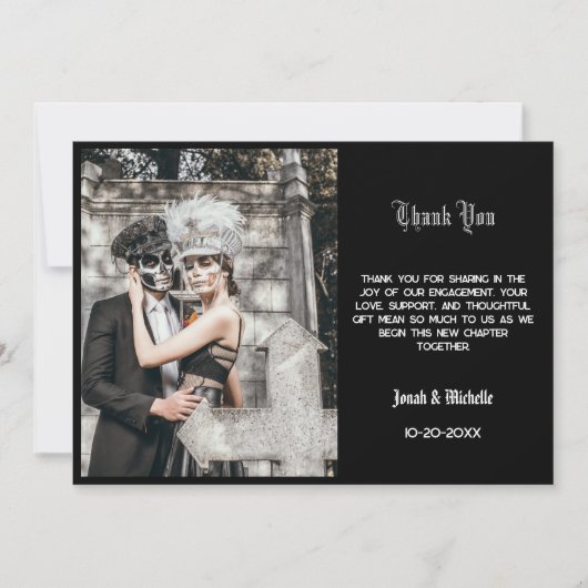Zwarte Dia De Los Muertos Verloving Feestje Bedankkaart (Voorkant)