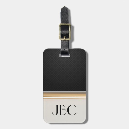 Zwarte diamant tegel gebandeerde monogram bagagelabel (Voorkant verticaal)