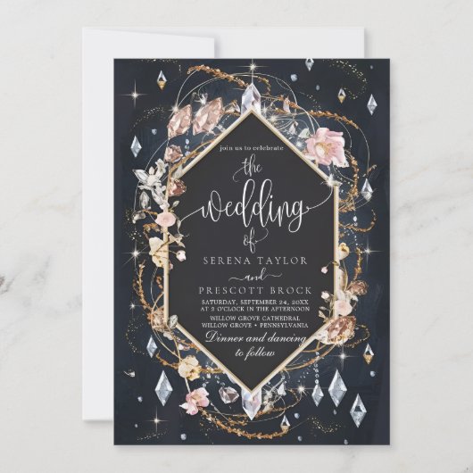 Zwarte Diamant Versierd Luxe Huwelijk Kaart (Voorkant)