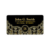 Zwarte diamanten & gouden bloemdamast etiket (Voorkant)
