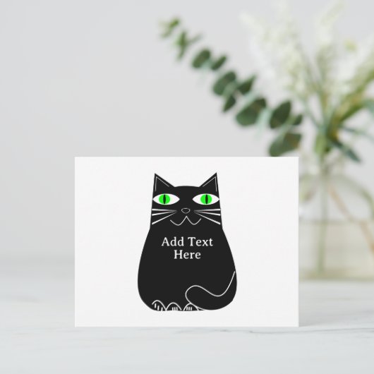 Zwarte dikke kat met groene ogen Aangepaste tekst Briefkaart (Staand voorkant)