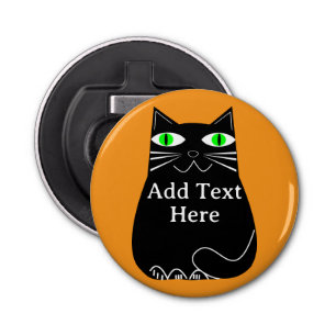 Zwarte dikke kat met groene ogen Aangepaste tekst Button Flesopener