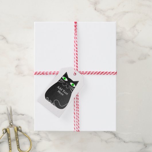 Zwarte dikke kat met groene ogen Aangepaste tekst Cadeaulabel (Met Touw)