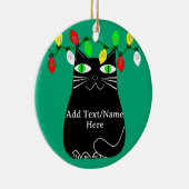 Zwarte dikke kat met groene ogen Aangepaste tekst  Keramisch Ornament (Rechts)