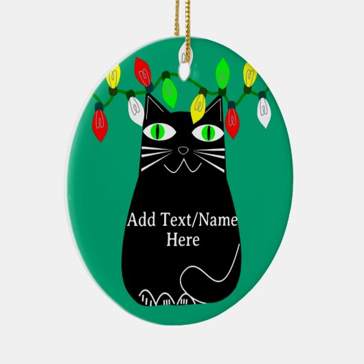 Zwarte dikke kat met groene ogen Aangepaste tekst  Keramisch Ornament (Rechts)