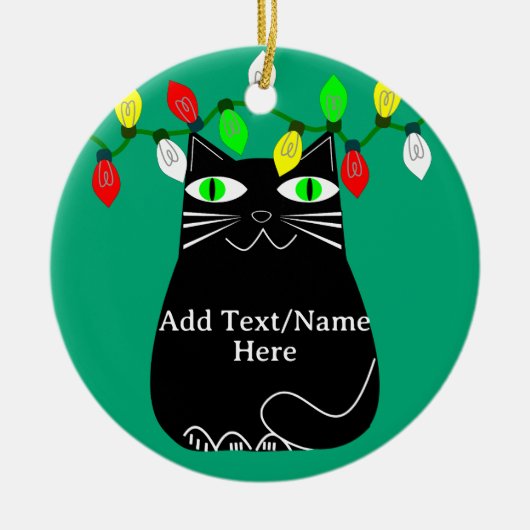 Zwarte dikke kat met groene ogen Aangepaste tekst  Keramisch Ornament (Voorkant)