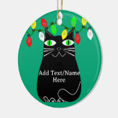 Zwarte dikke kat met groene ogen Aangepaste tekst  Keramisch Ornament (Links)
