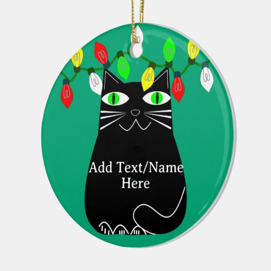 Zwarte dikke kat met groene ogen Aangepaste tekst  Keramisch Ornament (Links)