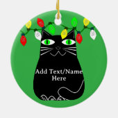 Zwarte dikke kat met groene ogen Aangepaste tekst  Keramisch Ornament (Achterkant)