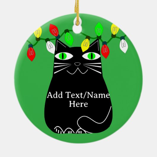 Zwarte dikke kat met groene ogen Aangepaste tekst  Keramisch Ornament (Achterkant)