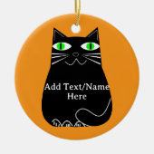 Zwarte dikke kat met groene ogen Aangepaste tekst Keramisch Ornament (Voorkant)
