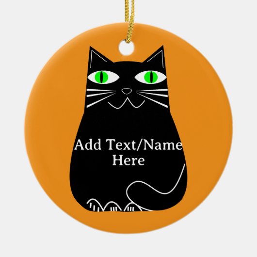 Zwarte dikke kat met groene ogen Aangepaste tekst Keramisch Ornament (Voorkant)