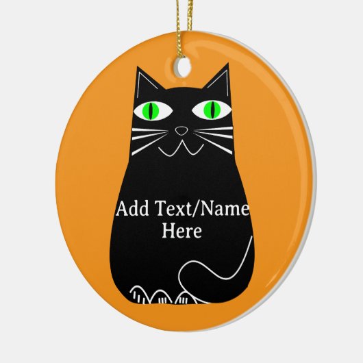 Zwarte dikke kat met groene ogen Aangepaste tekst Keramisch Ornament (Links)