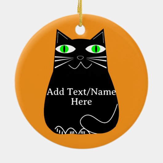 Zwarte dikke kat met groene ogen Aangepaste tekst Keramisch Ornament (Achterkant)