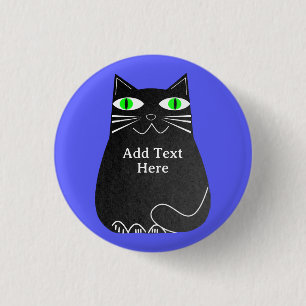 Zwarte dikke kat met groene ogen aangepaste tekst ronde button 3,2 cm