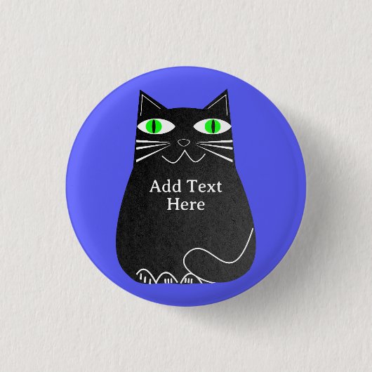 Zwarte dikke kat met groene ogen aangepaste tekst ronde button 3,2 cm (Voorkant)