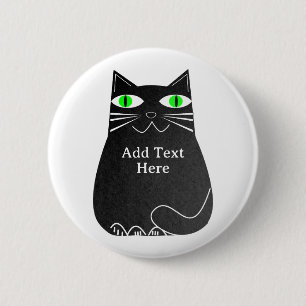 Zwarte dikke kat met groene ogen Aangepaste tekst Ronde Button 5,7 Cm