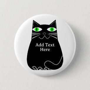 Zwarte dikke kat met groene ogen Aangepaste tekst Ronde Button 5,7 Cm