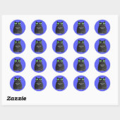 Zwarte dikke kat met groene ogen aangepaste tekst ronde sticker (Vel)