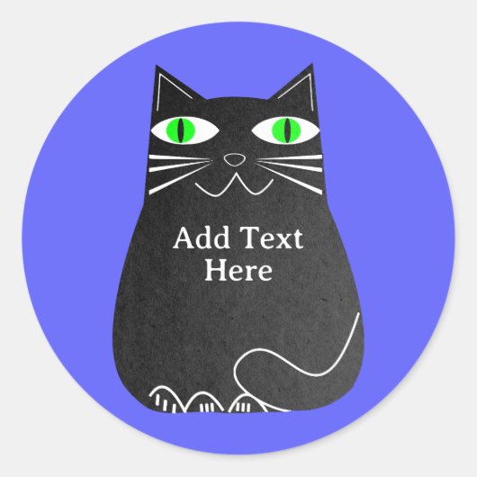 Zwarte dikke kat met groene ogen aangepaste tekst ronde sticker (Voorkant)