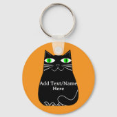 Zwarte dikke kat met groene ogen Aangepaste tekst Sleutelhanger (Voorkant)