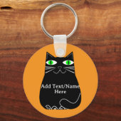 Zwarte dikke kat met groene ogen Aangepaste tekst Sleutelhanger (Achterkant)