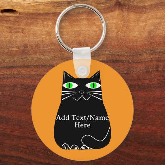 Zwarte dikke kat met groene ogen Aangepaste tekst Sleutelhanger (Achterkant)