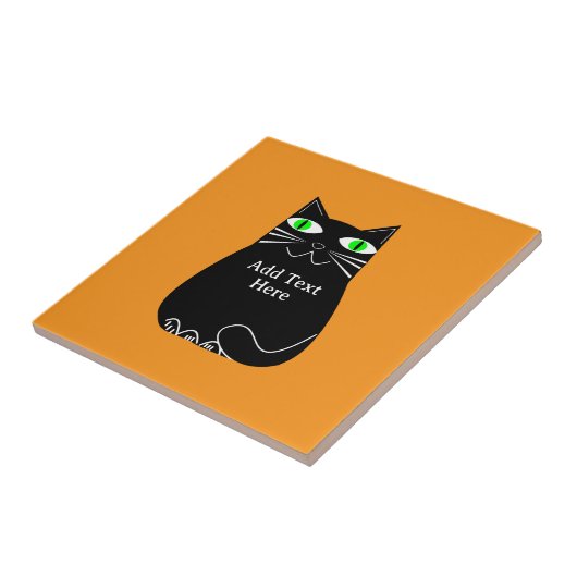 Zwarte dikke kat met groene ogen Aangepaste tekst Tegeltje (Zijkant)
