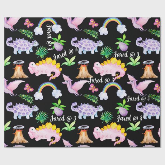 Zwarte Dinosaur Rainbow Waterverf Kinderen van Bir Cadeaupapier (Vlak)